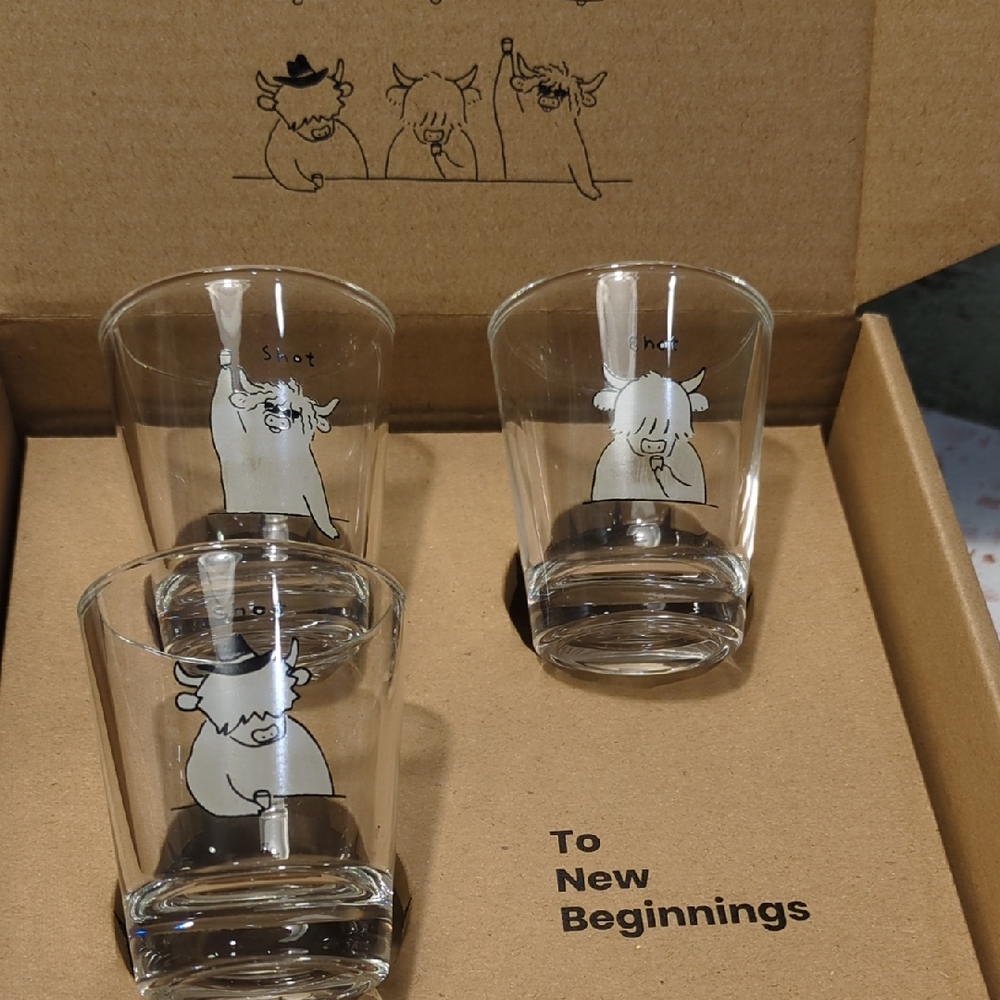 New Beginnings Shot Glass Boxed Set Of 3  | Cow Cartoon Toast